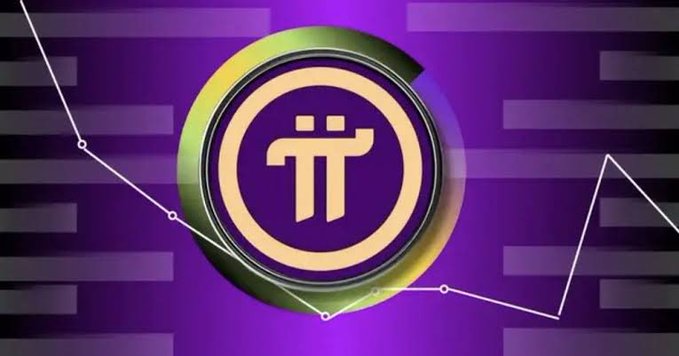 A graphic featuring the Pi Network cryptocurrency logo in gold within a green ring against a purple background with a white line chart.