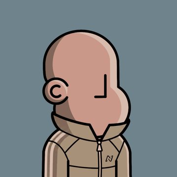 The image features a cartoon character, likely a boy or a man, wearing a jacket with stripes down the front. The character has a bald head and appears to be looking off into space. There are two lines of text in the image that read "This is my NPC. This is also a trading card of my NPC." These texts provide context about the character's role as an in-game item or collectible, possibly related to a video game or tabletop roleplaying game.