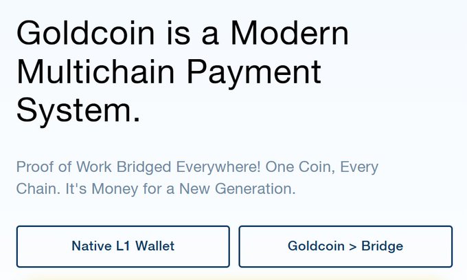 A promotional graphic reading "Goldcoin is a Modern Multichain Payment System" with the subtitle "Proof of Work Bridged Everywhere! One Coin, Every Chain. It's Money for a New Generation," featuring buttons labeled "Native L1 Wallet" and "Goldcoin > Bridge."