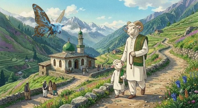 A colorful illustrated fantasy scene featuring a ram-like figure in traditional clothing walking with a lamb along a mountain path, with a mosque-like building, a large blue butterfly, and rolling hills in the background.