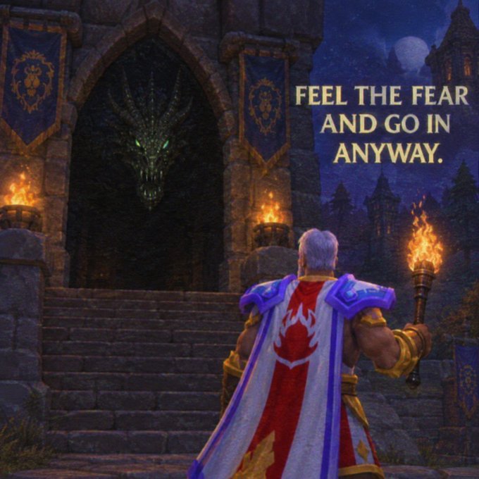 Fantasy video game artwork showing a warrior with a flaming torch and red/white cape facing a dragon head doorway, with text "FEEL THE FEAR AND GO IN ANYWAY."