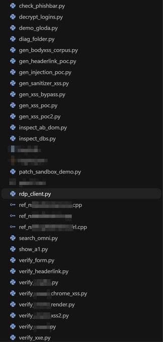 A dark file directory listing showing numerous Python scripts including 'gen_xss_poc.py', 'decrypt_logins.py', 'verify_chrome_xss.py', and 'patch_sandbox_demo.py', with some folders/files blurred.