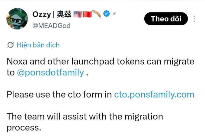 A tweet from @MEADGod (Ozzy | 奥兹) stating that 'Noxa and other launchpad tokens can migrate to @ponsdotfamily. Please use the cto form in cto.ponsfamily.com. The team will assist with the migration process.'