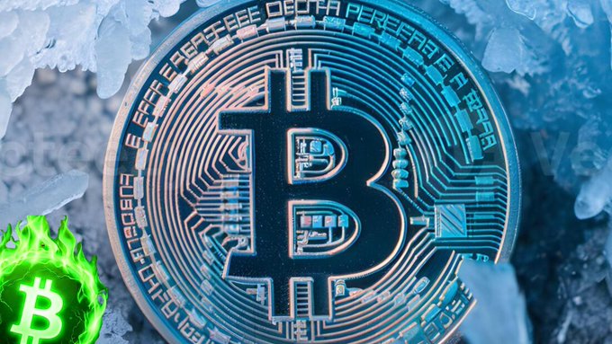 A close-up image of a silver Bitcoin physical coin resting on ice, with a glowing green Bitcoin fire logo in the bottom left corner.