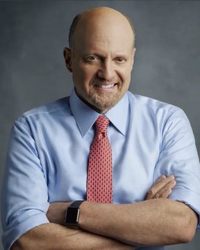 The image features a bald man wearing a blue shirt, red tie, and black watch with his arms crossed over his chest. The background of the photo is gray, which contrasts with the vibrant colors of the man's attire. There are no texts or other objects in the image that provide additional context to the post by Jim Cramer.