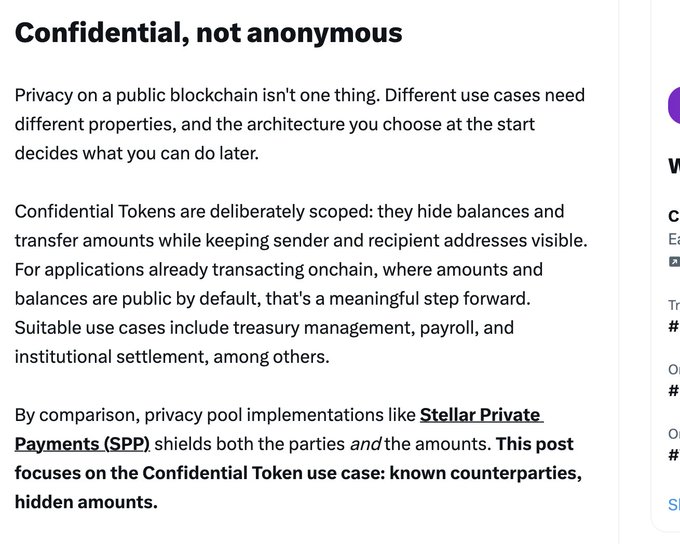 Article excerpt titled 'Confidential, not anonymous' discussing blockchain privacy, contrasting Confidential Tokens (which hide balances/amounts) with Stellar Private Payments (SPP), focused on known counterparties and hidden amounts.