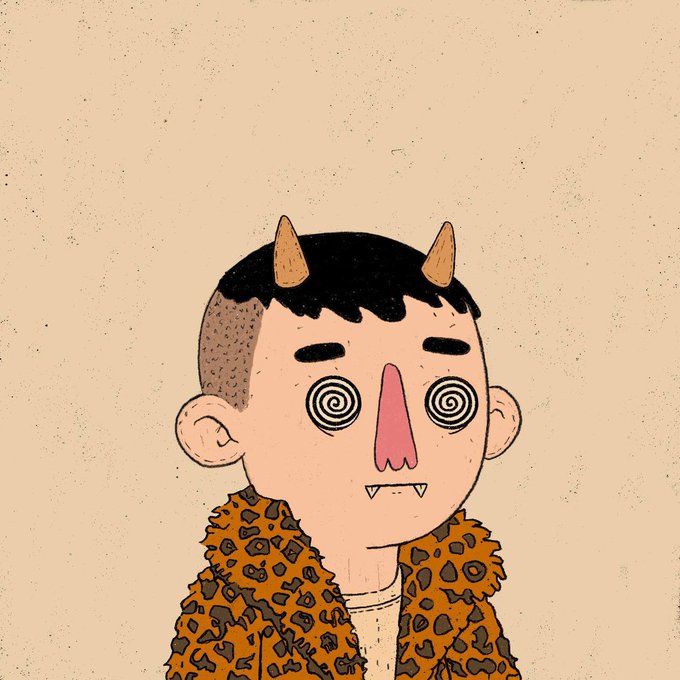 An illustrated character portrait featuring a person with small horns, hypnotic spiral eyes, a pink nose, fangs, and a leopard-print coat on a beige background.