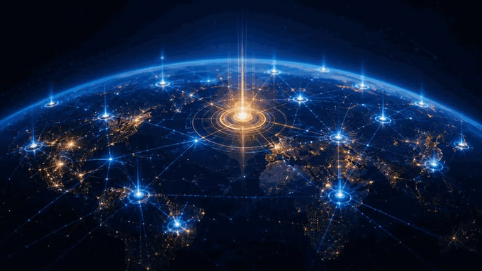 A futuristic digital illustration of Earth from space at night, showing illuminated city lights and a network of glowing blue connection nodes representing global connectivity.
