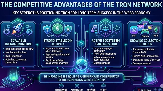 In this image, there's a diagram representing various aspects of the TRON network, including its competitive advantages or strengths in different ecosystems like cryptocurrency, scalability, accessibility, adoption, and utility. These advantages are crucial for long-term success in the network. The first ecosystem is depicted with blue lines connecting the different components such as wallets, mining pools, and transactions. The second ecosystem features green circles surrounding the nodes that facilitate active transactions and maintain trust among users by allowing for payments between parties using the TRON token. The third ecosystem includes several types of coins represented by different colors. Lastly, the fourth ecosystem is depicted with a black circle at the bottom containing information about the network's role as a significant contributor to the expanding web economy in terms of user participation and development support services.