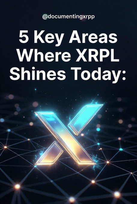 A graphic with the handle @documentingxrpp titled '5 Key Areas Where XRPL Shines Today:' featuring a glowing neon X logo against a dark network background.