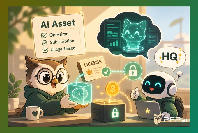 The illustration features a cartoon owl and a robot at a desk with an "AI Asset" license checklist (One-time, Subscription, Usage-based) and a "LICENSE" card being secured via a padlock, visually representing PFPai's programmable, smart-contract-based monetization and gated access to AI model outputs as described in the post.