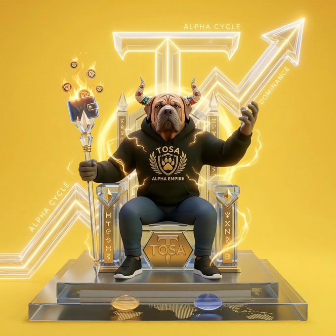 A 3D illustration of a dog wearing a "TOSA ALPHA EMPIRE" hoodie, sitting on a throne with "ALPHA CYCLE" and "DOMINANCE" text, holding a staff with smaller dog figures.