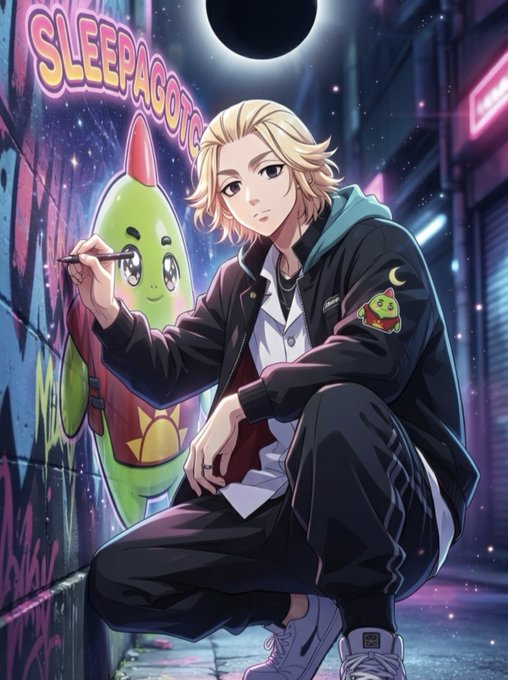 Anime-style artwork titled 'SLEEPAGOTCHI' showing a blonde character crouching in a neon-lit street, drawing graffiti of a green creature with rocket features on a wall during an eclipse.