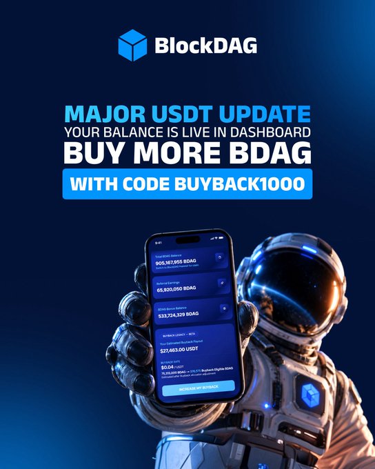 A promotional advertisement for BlockDAG featuring an astronaut holding a phone showing a dashboard with 905,107,305 BDAG balance, promoting a 'MAJOR USDT UPDATE' and urging viewers to 'BUY MORE BDAG WITH CODE BUYBACK1000'.
