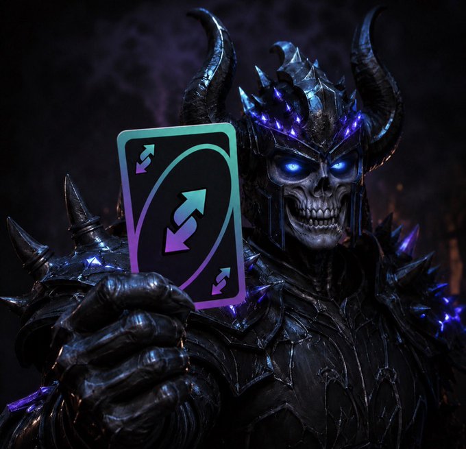 A menacing horned demon-skeleton in dark armor holds up a card displaying a reverse arrow pattern, visualizing the post's message of "Be real, Be patient, Be a winner" — a reminder to investors not to panic during market reversals. The word "REVERSE" appears in faded text at the bottom of the card, reinforcing the trading wisdom about staying disciplined when trends flip.