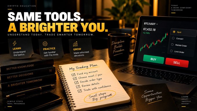 A crypto trading workspace featuring a notebook titled "My Trading Plan" with checkboxes for funding an account, choosing asset pairs, deciding order types, reviewing details, and trading with confidence, alongside a laptop displaying BTC/USDT at $67,432.18 with options for Spot, Convert, Market Order, and Limit Order plus green BUY and red SELL buttons, reinforcing the post's message that spot trading involves more than simply clicking buy—it requires understanding foundational knowledge, practice, and informed decision-making through structured planning.
