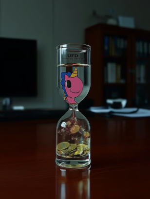 An hourglass filled with water and gold coins features a pink unicorn illustration in its middle, sitting on a wooden surface with 'UFD' visible on the top.