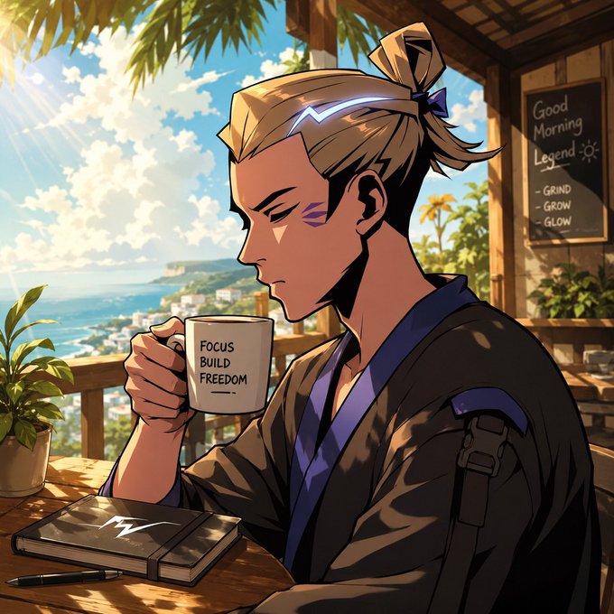 An anime-style illustration of a blonde character holding a mug reading 'FOCUS BUILD FREEDOM' at a café overlooking the ocean, with a chalkboard showing 'Good Morning Legend - GRIND - GROW - GLOW'.