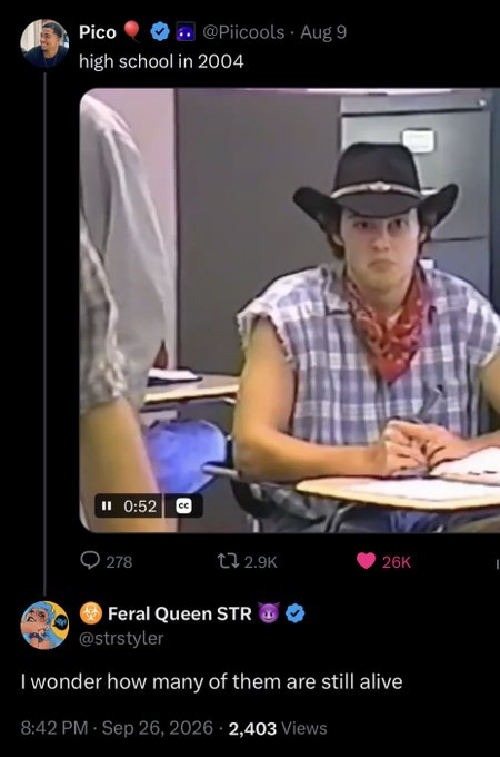A screenshot of a social media post showing a young person in a cowboy hat and plaid shirt at a school desk, with a reply comment reading 'I wonder how many of them are still alive.'