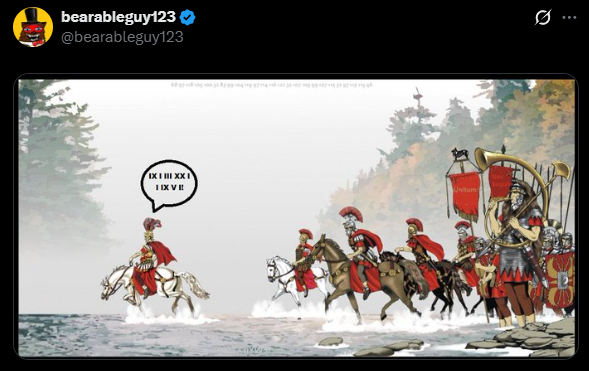 The image shows a tweet from "bearableguy123" depicting an illustration of Roman soldiers with one rider on a white horse saying "IXI III XXI I IX VII" (a jumbled version of "I LOVE YOU III III X I") before riding off to join a group of marching Roman legionaries with banners, fitting the caption "No going back now..." as the rider leaves their lover behind to march off with their troops.