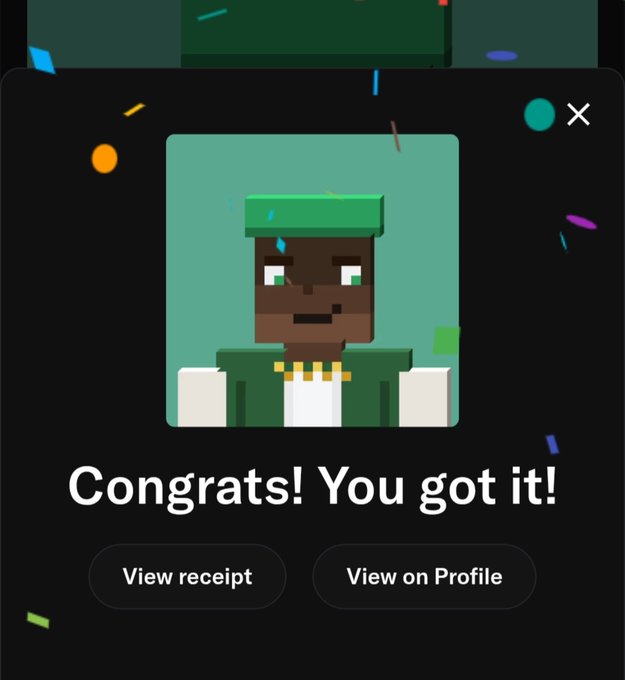 A digital congratulatory popup screen with confetti effects showing a Minecraft-style block character with green skin and a gold chain, reading 'Congrats! You got it!' with buttons for 'View receipt' and 'View on Profile'.