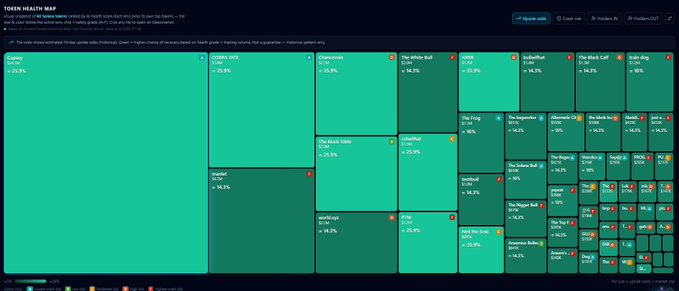 A 'TOKEN HEALTH MAP' treemap visualization showing various cryptocurrency tokens and categories with percentage changes, including DAI, The White Buffalo, and other tokens, mostly showing positive performance.