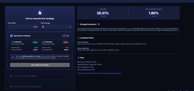 The image displays a screenshot of a webpage that has an information panel with details about hedging strategies and spreads, along with some financial data about a company named @boros_fi. The text at the bottom of the screenshot indicates that there is an opportunity for investors to take advantage of a cross-exchange arbitrage opportunity in either currency. Additionally, the website provides details on how to execute this strategy and emphasizes the importance of timing, proper leverage usage, and risk assessment to maximize returns while minimizing risks.