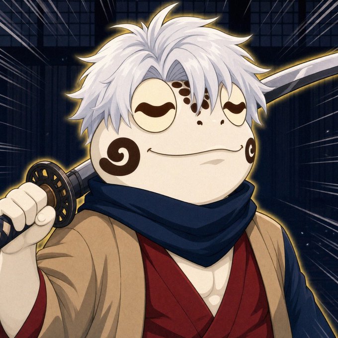 An illustration shows a character with white hair and distinctive spiral markings on their cheeks, wearing a tan and red robe with a blue scarf, and holding a katana over their shoulder.