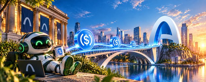 A vibrant digital illustration depicts a white and green robot wearing headphones working on a laptop in the foreground, with glowing dollar coins floating across a bridge toward a futuristic city featuring a large 'A' arch monument.