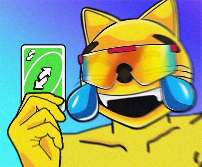 A cartoon yellow cat character wearing futuristic rainbow visor goggles and crying blue tears while holding up a green UNO reverse card.