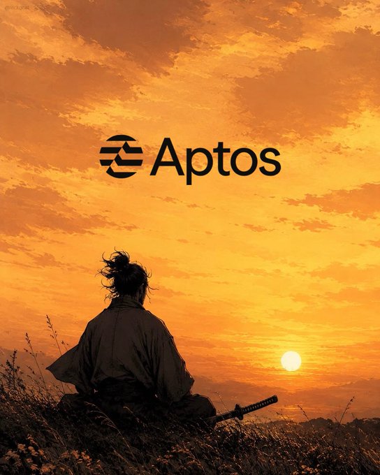 A lone figure in traditional samurai attire sits in silhouette against a vibrant orange sunset, with the Aptos logo and name prominently displayed in the sky—symbolizing the "dawn of a new day" for the Aptos blockchain as it approaches $5B in total trading volume on Decibel Trade.
