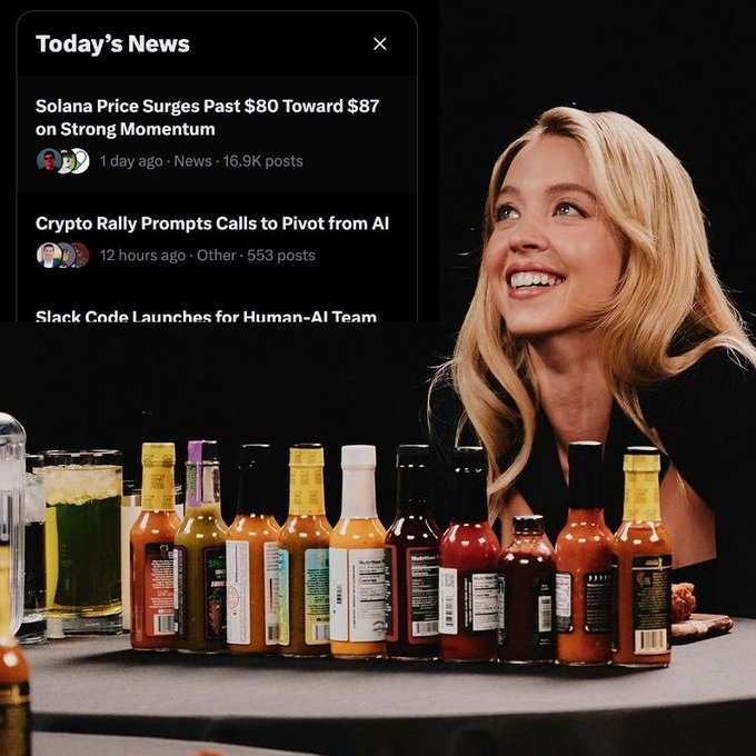 A blonde woman smiling behind a row of hot sauce bottles on a table, with a overlaid news panel reading 'Today's News' including headlines 'Solana Price Surges Past $80 Toward $87 on Strong Momentum' and 'Crypto Rally Prompts Calls to Pivot from AI'.