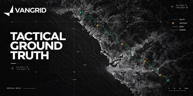 A dark, tactical map interface branded with the 'Vangrid' logo, featuring the bold text 'TACTICAL GROUND TRUTH' over a topographical coastal map displaying coordinate markers, a marked route, waypoints, and a legend distinguishing routes, waypoints, and roads.