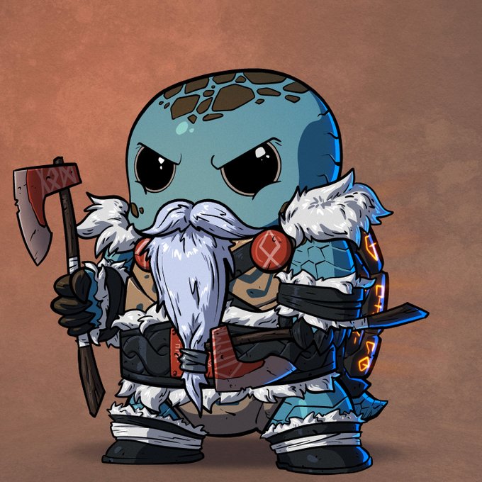 A cartoon chibi-style illustration of a fierce blue-skinned dwarf warrior with a white beard, wearing fur-lined armor and wielding a bloodied axe and sword against a brown background.