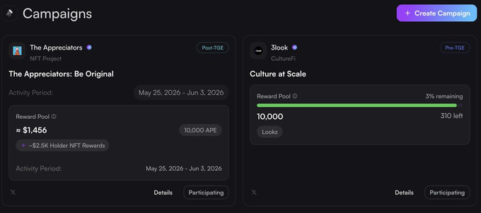 The image shows a page from an app called "Campaigns", where two different posts are displayed. One post, labeled as " campaigns", is related to the campaign system that allows users to create or manage campaigns easily. The other post features a list of names and a description that says "the appreciators - by @appreciators_io". This second post could be part of an online community event where people are discussing ways to appreciate others, possibly related to the original poster's quote about being original. In total, there are 9 items in the image, which seem to be focused on a conversation or project involving appreciators and campaigns.