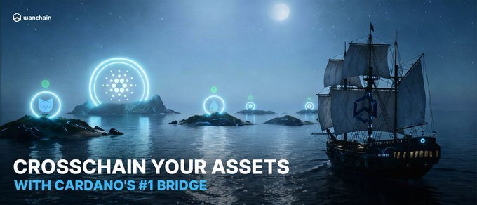 Wanchain advertisement featuring a sailing ship at night with glowing Cardano-like logos, text reads 'CROSSCHAIN YOUR ASSETS WITH CARDANO'S #1 BRIDGE'.