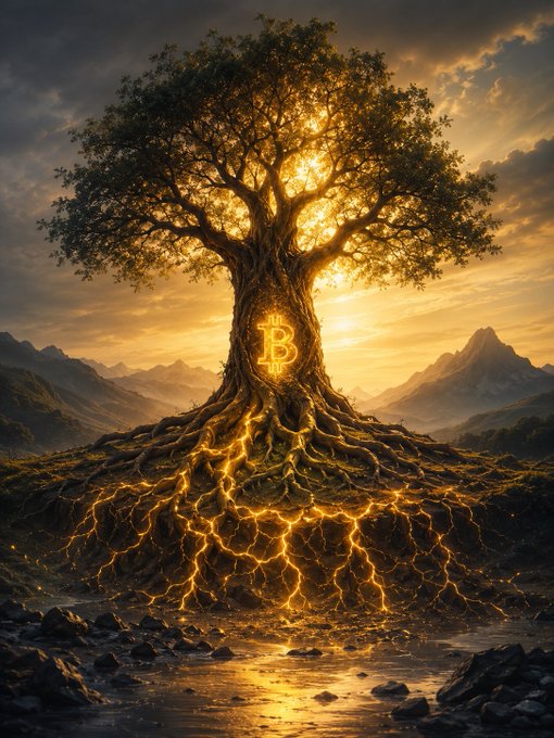 A fantasy-style digital illustration of a massive glowing tree with a Bitcoin symbol embedded in its trunk, its golden roots spreading like lightning across a rocky landscape at sunset.