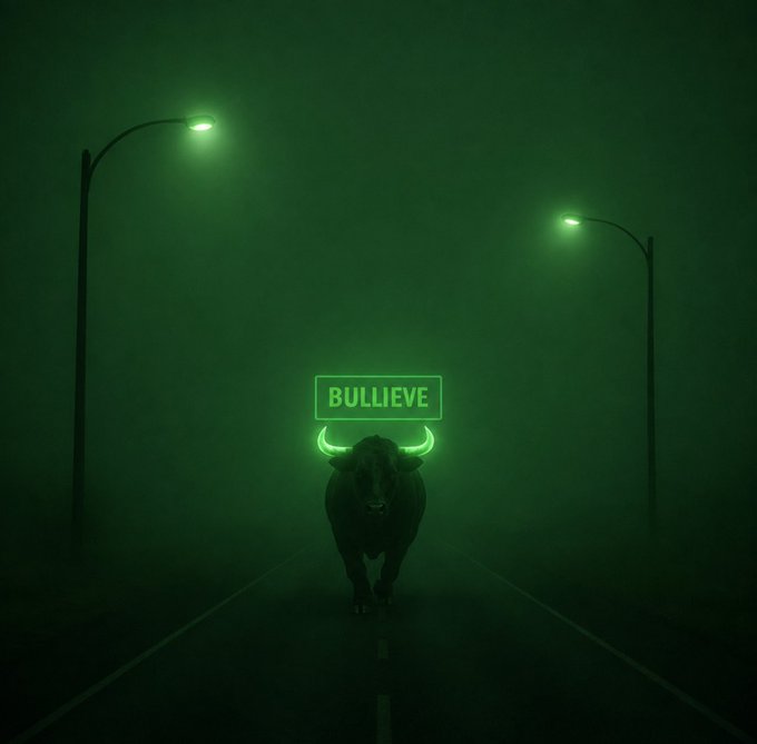 A dark, atmospheric image shows a bull walking down a foggy road lit by green street lamps, with a glowing green sign on its horns reading 'BULLIEVE'.