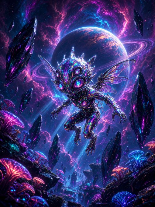 A vibrant, psychedelic digital artwork of a glowing, insect-like alien creature with multiple eyes and wings, floating in a colorful cosmic space scene with planets, crystals, and glowing mushrooms.