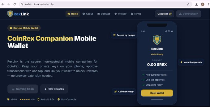 A screenshot of the RexLink website at wallet.coinrex.xyz advertises the CoinRex Companion Mobile Wallet, a secure non-custodial wallet with a 4.8 star rating, currently showing a Coming Soon status.