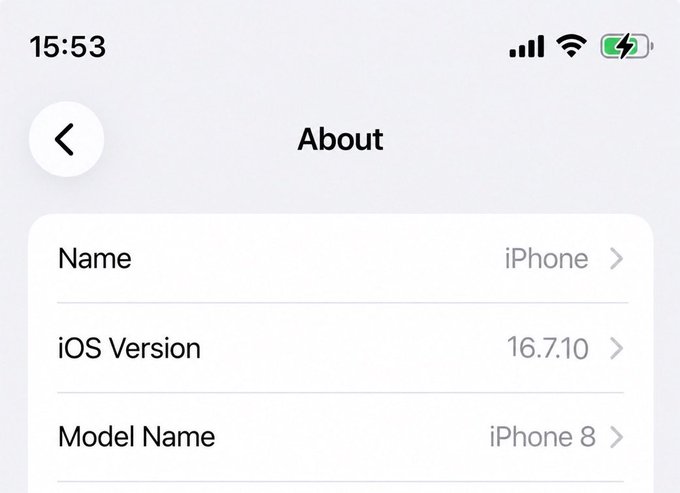 An iPhone 'About' settings screen displays the device name as 'iPhone', iOS Version 16.7.10, and Model Name as 'iPhone 8'.