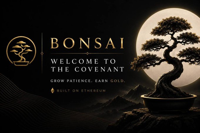 A dark, elegant promotional banner for "BONSAI" features a golden bonsai tree silhouetted against a glowing full moon, with text reading "WELCOME TO THE COVENANT — GROW PATIENCE. EARN GOLD. BUILT ON ETHEREUM" alongside a stylized gold bonsai logo. The imagery directly ties to the post's message of rewarding $BONSAI holders with tokenized gold ($PAXG) on Ethereum, visually echoing themes of patience, cultivation, and precious metal rewards.