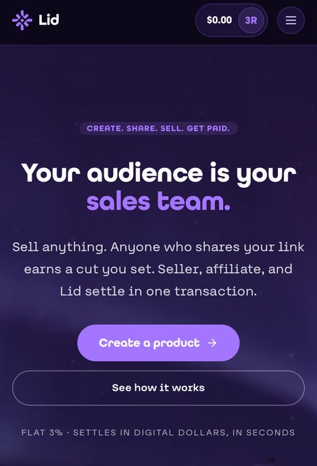 A mobile screenshot of the LID website landing page featuring the headline "Your audience is your sales team" with a "Create a product" call-to-action button, showing a balance of $0.00 and "3R" badge. The image visually represents the post's description of LID as a platform empowering creators to monetize their audiences through digital product sales.