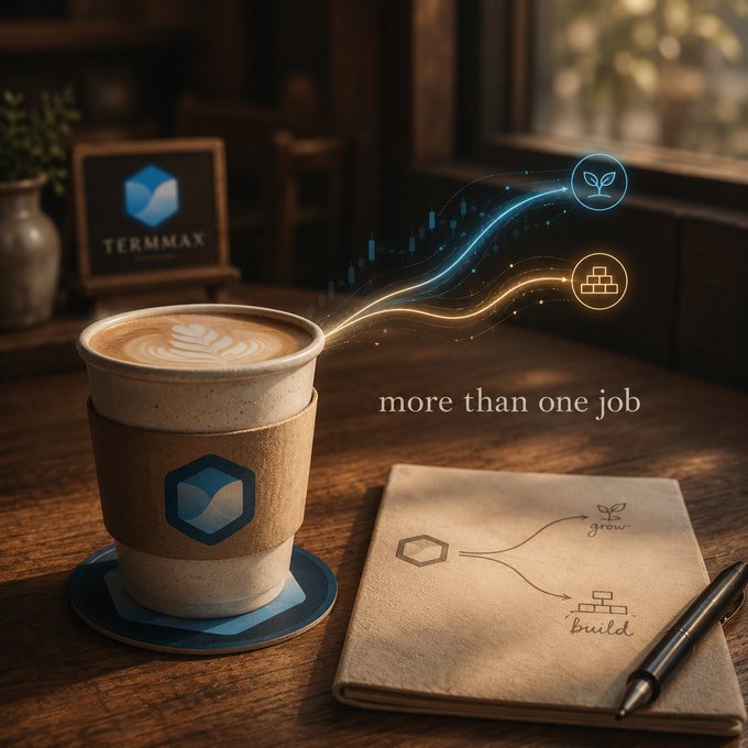 A coffee cup and notebook on a wooden table feature the TermMax logo alongside flowing graphics and icons labeled "grow" and "build," with the text "more than one job." The image visually echoes the post's theme by illustrating how idle capital can simultaneously grow through a Gauntlet-curated Morpho vault while building within TermMax's options structure, with the "grow" and "build" icons representing the dual yield-generating roles of the same collateral.