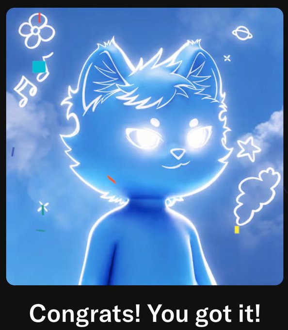 An inverted blue and white image of a cartoon cat-like character surrounded by doodles (flowers, music notes, stars, clouds) with the caption "Congrats! You got it!" — relating to the user's post celebrating their new "Mortal" status from MortalsOfficial, joking that theirs is rarer than Adam Weitsman's.