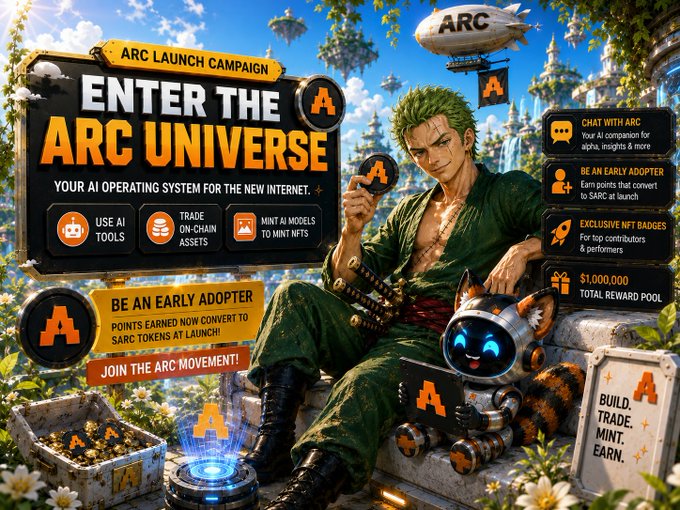 An anime-style promotional banner for the 'ARC Launch Campaign' featuring a green-haired character (resembling Roronoa Zoro) and a robotic cat, advertising ARC as 'YOUR AI OPERATING SYSTEM FOR THE NEW INTERNET' with calls to 'BE AN EARLY ADOPTER', use AI tools, trade on-chain assets, mint AI models, and a $1,000,000 total reward pool.