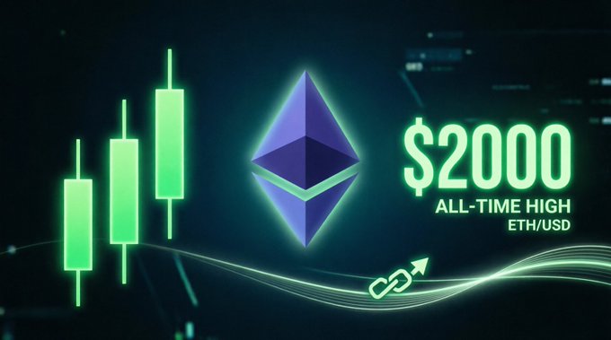 A stylized Ethereum graphic with green bullish candlesticks and a chain link icon highlights the $2000 all-time high milestone for ETH/USD, visually reinforcing the post's announcement of Ethereum reaching its price target with continued upward momentum.
