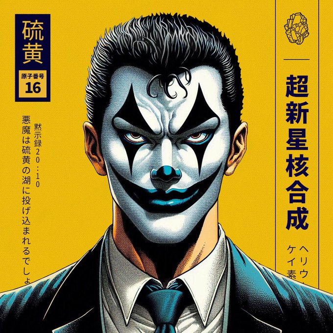 A comic book style illustration of a man in a suit with white and black clown-like face paint, surrounded by Japanese text and the phrase 'Episode 16'.