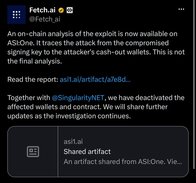A tweet from Fetch.ai (@Fetch.ai) announces an on-chain analysis of an exploit available on ASI:One, linking to asi1.ai/artifact/a7e8d..., noting collaboration with @SingularityNET to deactivate affected wallets.