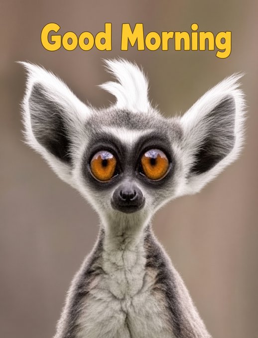 A close-up portrait of a ring-tailed lemur with large orange eyes and tufted ears, with "Good Morning" written in yellow text at the top.